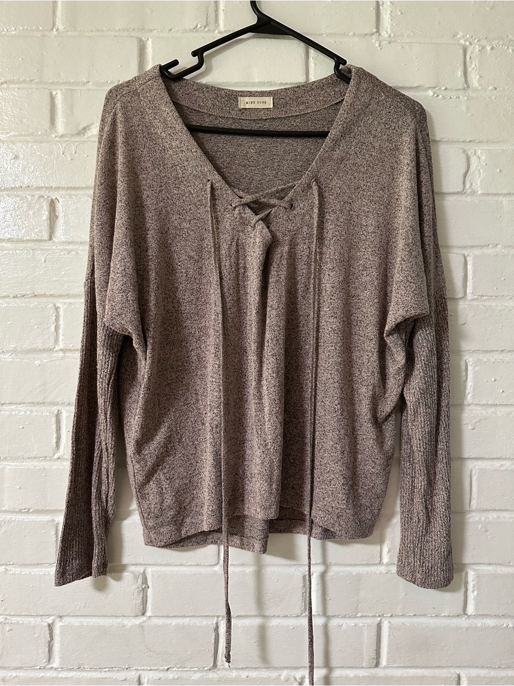 Mind code Taupe Lace-Up V-Neck Knit Sweatshirt